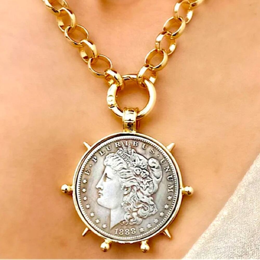 Liberty Coin Statement Necklace Large Chunky Clavicle Choker Two Tone - Picture 3 of 4